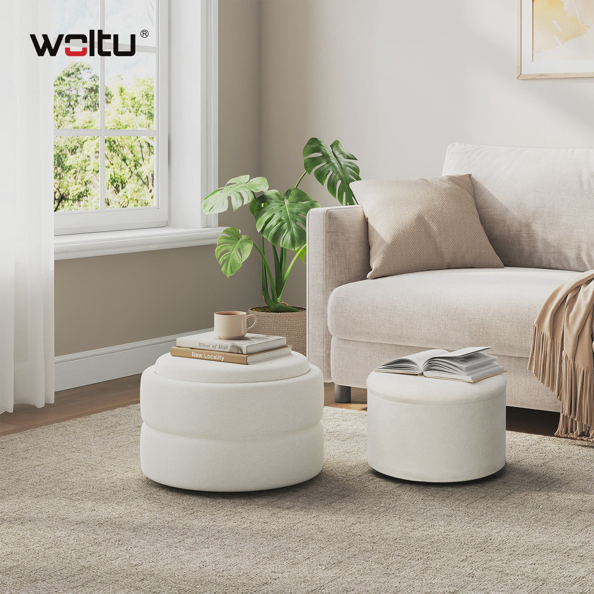 Set van 2 Witte Fluweel Zachte Ottomans met Verborgen Opbergruimte en Stapelbaar Design