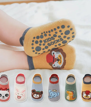 6 Paar Leuke Kinder Sokken met Antislip - Katoen, Ademend & Comfortabel - Schattige Dierenprintjes