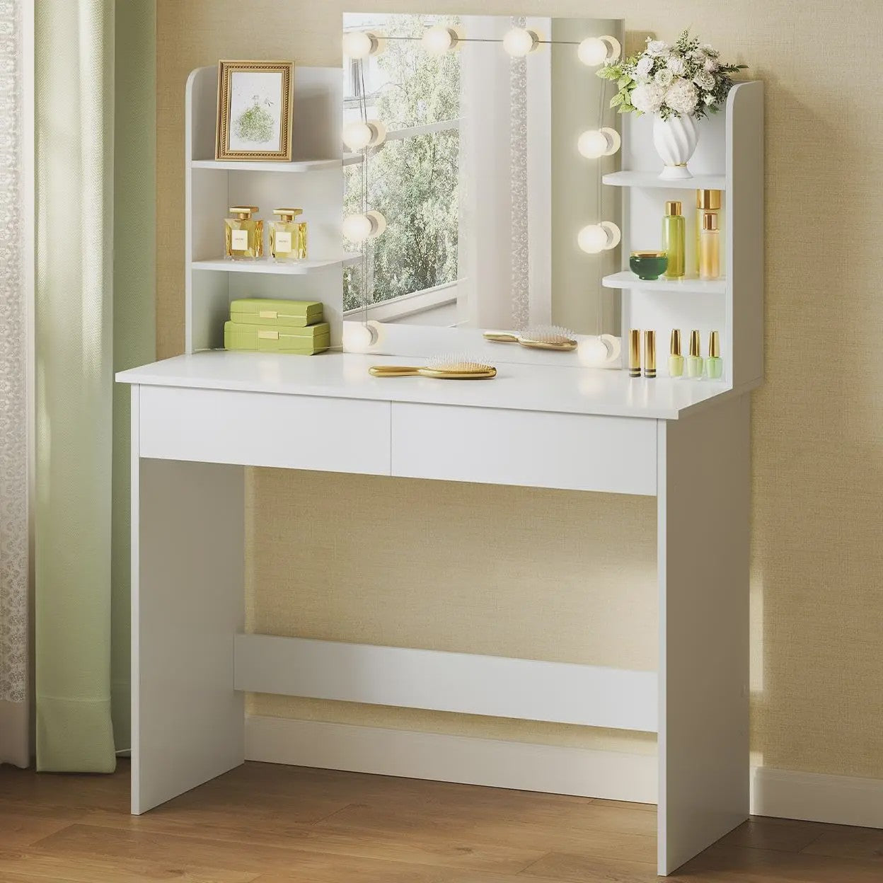 Kaptafel met LED Spiegel, 2 Lades & 4 Opbergvakken - 90x40x125cm