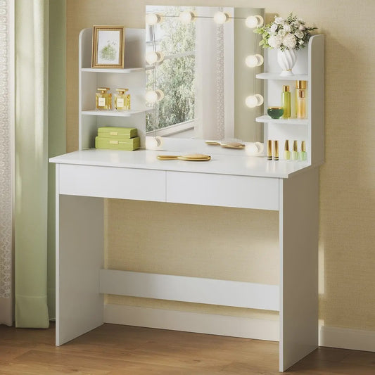 Kaptafel met LED Spiegel, 2 Lades & 4 Opbergvakken - 90x40x125cm