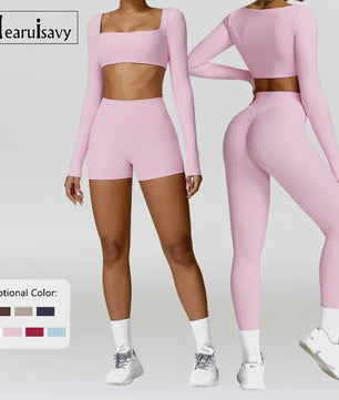 Dames Yoga Set 2-Delig: Sneldrogend Sportpak met Lange Mouwen Top en Hoge Taille Shorts