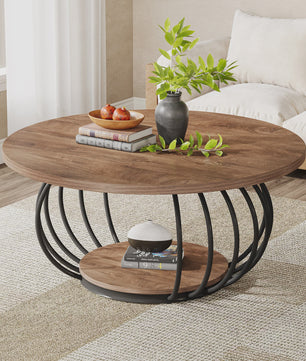 Industriële Ronde Salontafel met 2 Niveaus - 100cm - Houtlook & Metaal