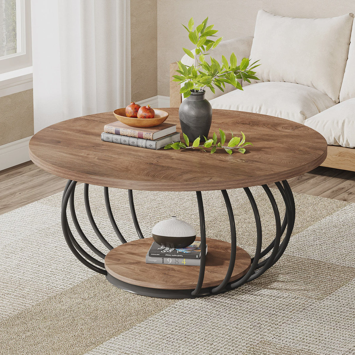 Industriële Ronde Salontafel met 2 Niveaus - 100cm - Houtlook & Metaal