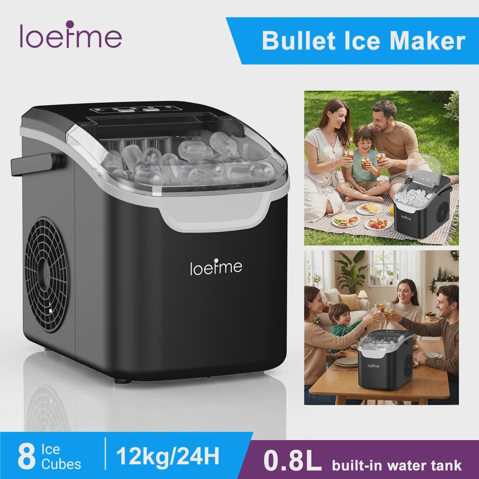 LOEFME Draagbare Mini Ijsmaker: Snel 12kg/24h IJs, 2 Maten, Desktop Model met Schep