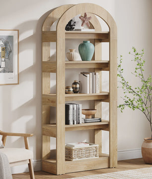 Houten Boekenkast met 5 Bogen - 71.6 Inch Hoge Staande Opbergkast in Teak Kleur