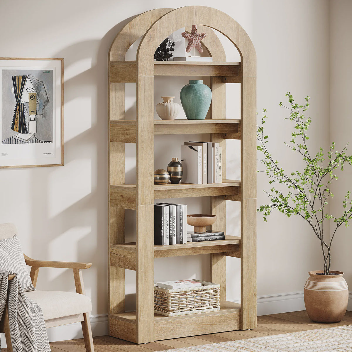 Houten Boekenkast met 5 Bogen - 71.6 Inch Hoge Staande Opbergkast in Teak Kleur