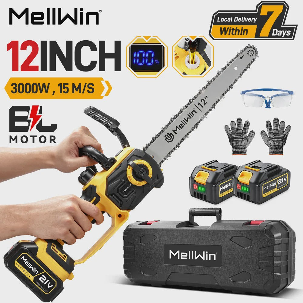 Mellwin 12-Inch Accu Kettingzaag - Krachtig 3000W Brushless, Automatische Olie Systeem