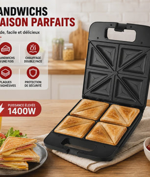 Zwarte Sandwichmaker 1400W - 4 Sandwiches, Dubbelzijdig Verwarmen, Anti-aanbakplaten
