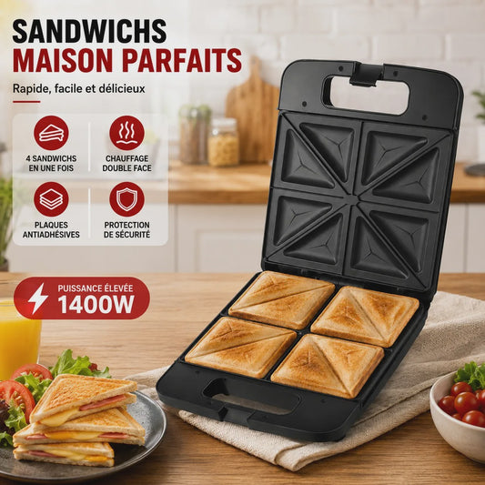 Zwarte Sandwichmaker 1400W - 4 Sandwiches, Dubbelzijdig Verwarmen, Anti-aanbakplaten