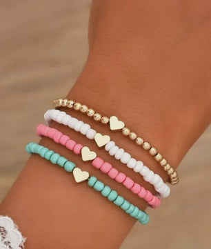 Set van 4 Bohemian Kralen Armbandjes met Hartje - Zomerse Beach Vibes