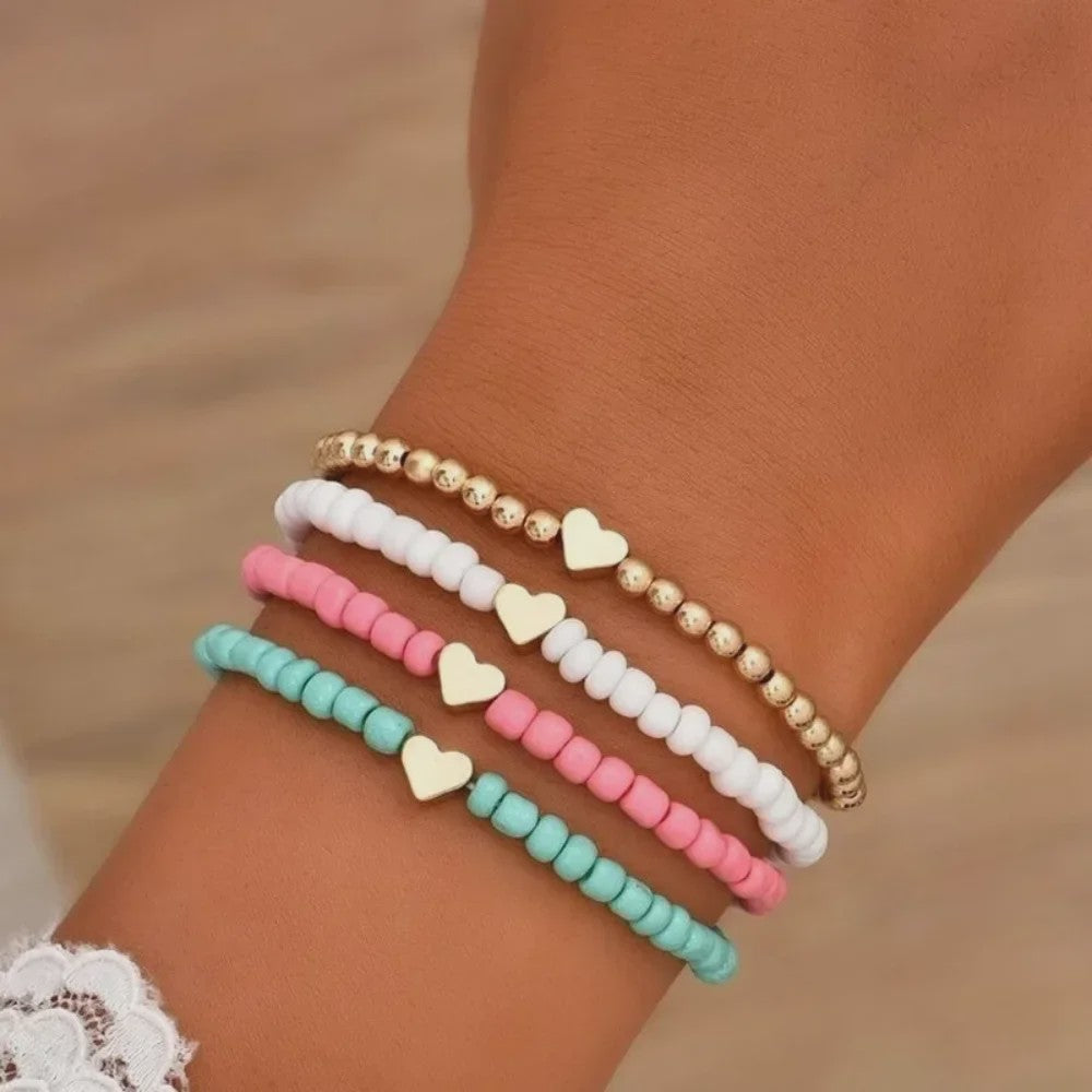Set van 4 Bohemian Kralen Armbandjes met Hartje - Zomerse Beach Vibes