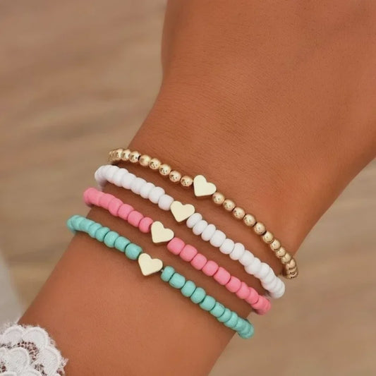 Set van 4 Bohemian Kralen Armbandjes met Hartje - Zomerse Beach Vibes