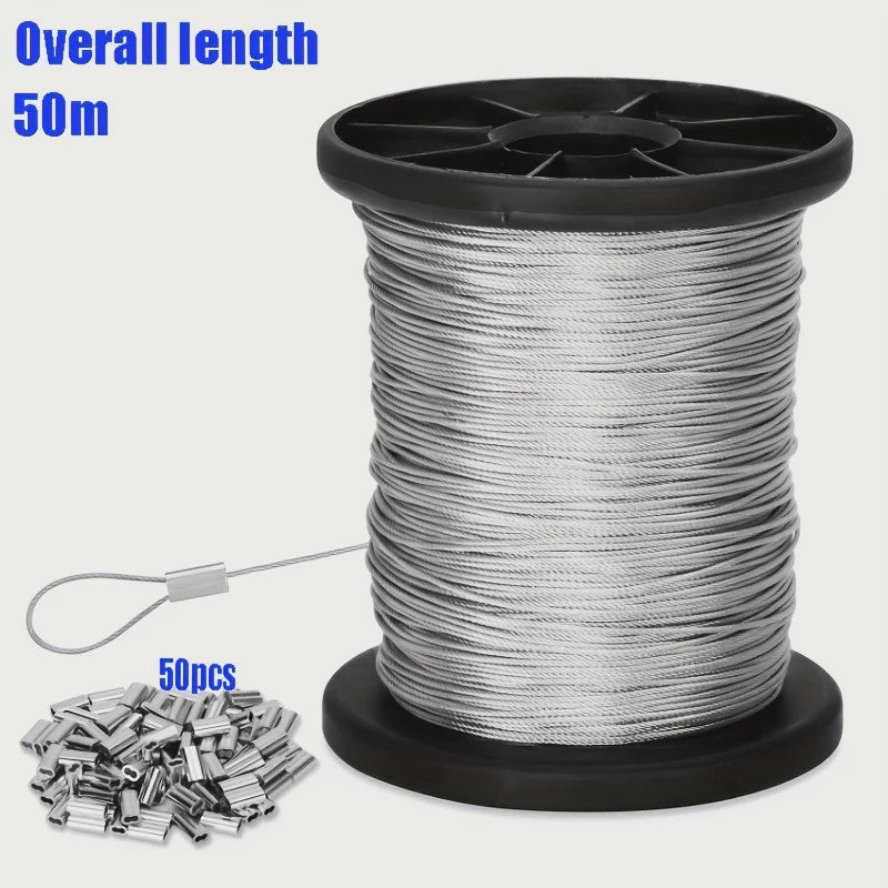 50m Roestvrij Staal Draadkabel met 50 Aluminium Klemmen - 7x7 Kern