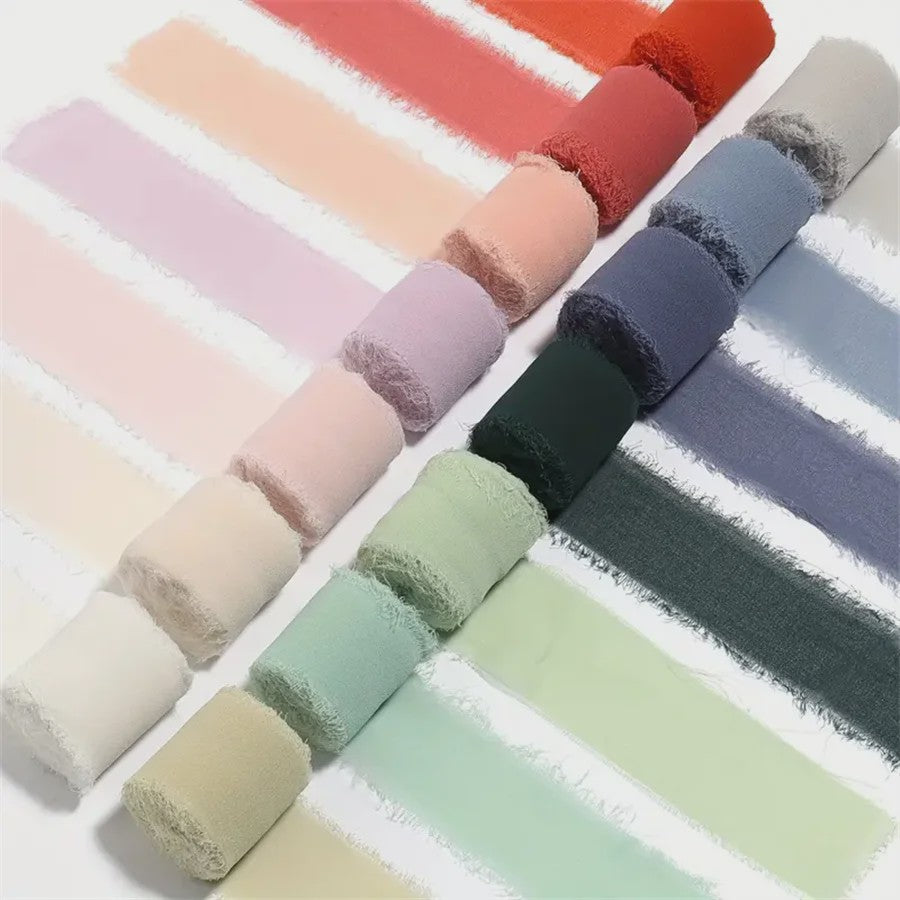 Handgemaakte Satijn Chiffon Lint Set - 3 Rollen van 5m met Rafeleffect voor Bruiloft, Cadeau & DIY Decoratie