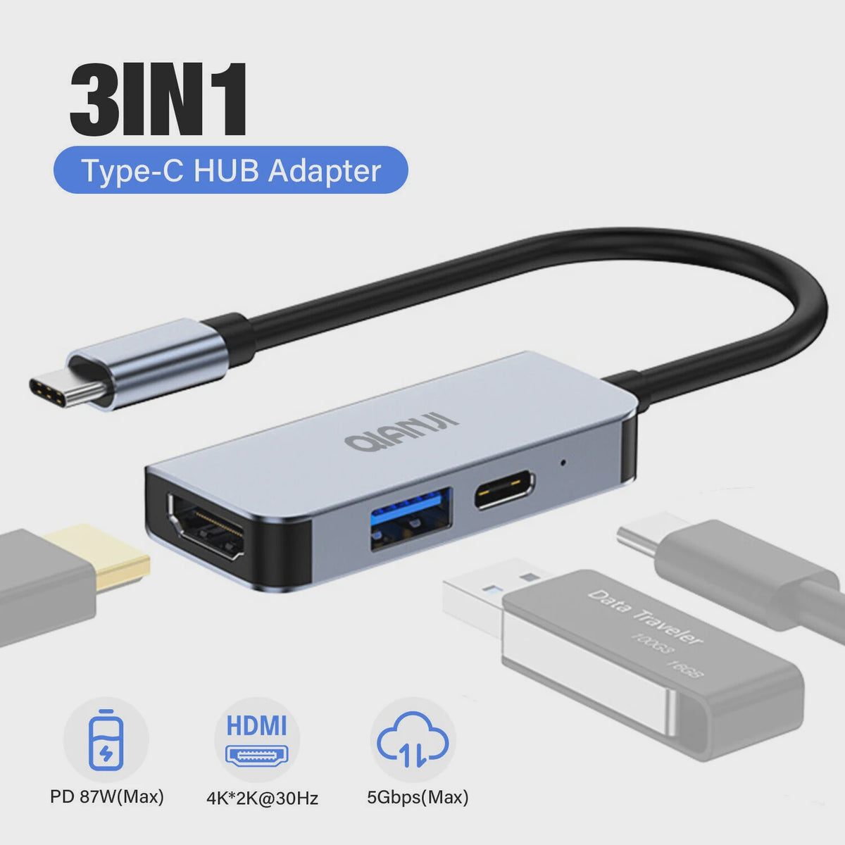 USB-C Hub met HDMI, 100W PD Opladen & USB 3.0 Poort - Universele Adapter