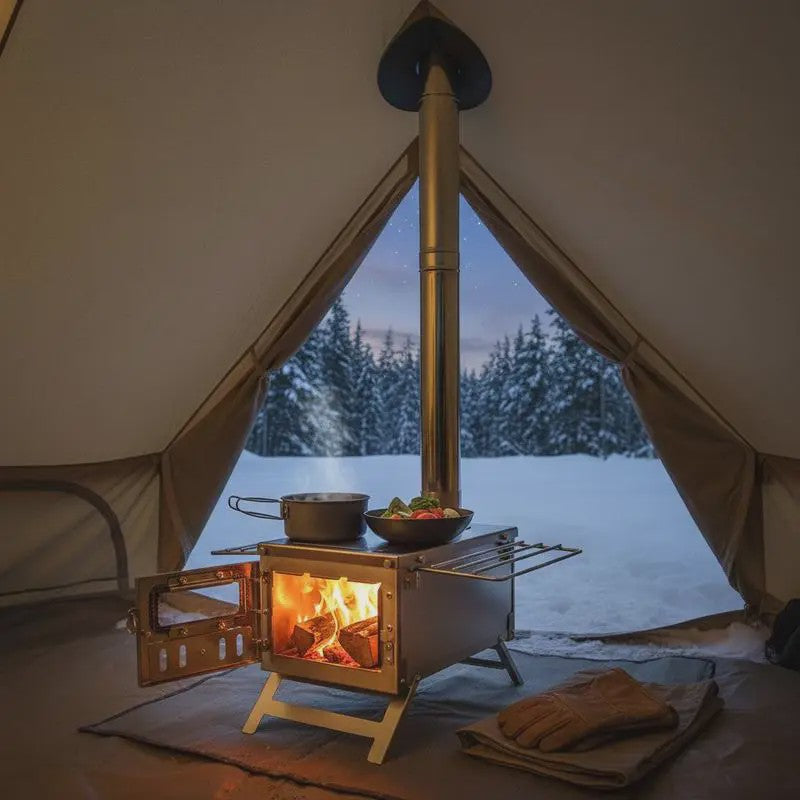 80-Inch RVS Camping Houtkachel met 8 Pijpen - Draagbaar & Efficiënt voor Buiten Koken & Verwarming