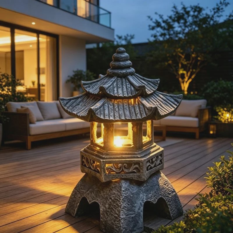 Chinese Pagode Solar Tuinlamp - Zen Stijl Steen Lantaarn voor Buiten