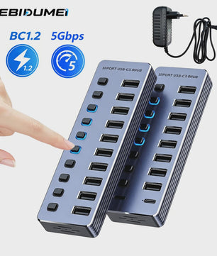 10-Poorts USB 3.0 Hub met 5Gbps Snelheid, Individuele Schakelaars en Krachtige Adapter