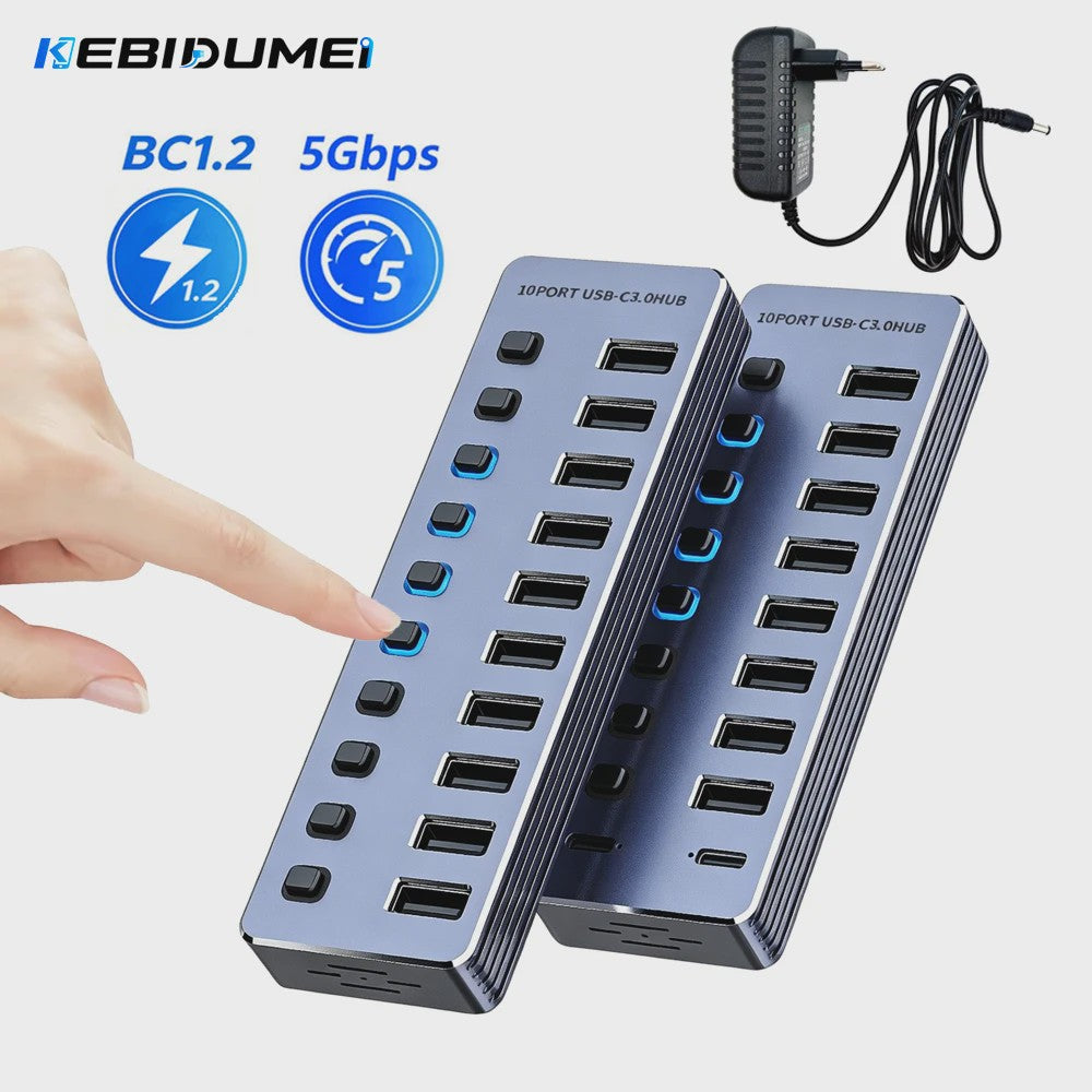 10-Poorts USB 3.0 Hub met 5Gbps Snelheid, Individuele Schakelaars en Krachtige Adapter