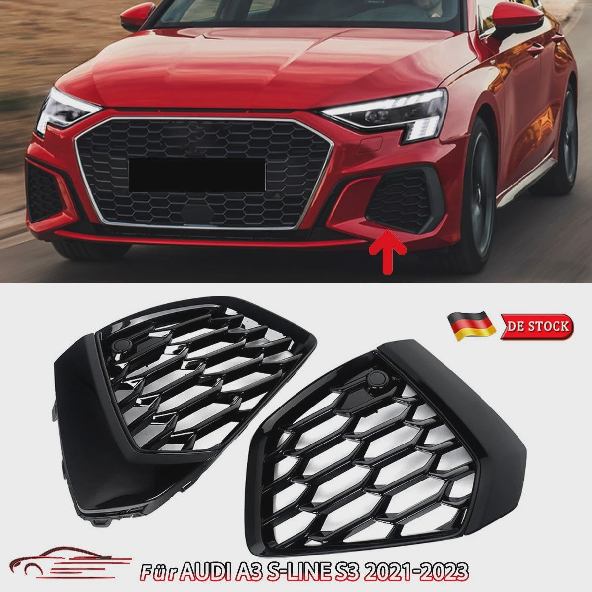 Glans Zwart Honeycomb Mistlamp Grille Covers voor Audi A3 S-line/S3 (2021-2023)