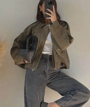 Dames Vintage Suède Bomberjack - Bruin/Groen - Loose Fit Casual Jas