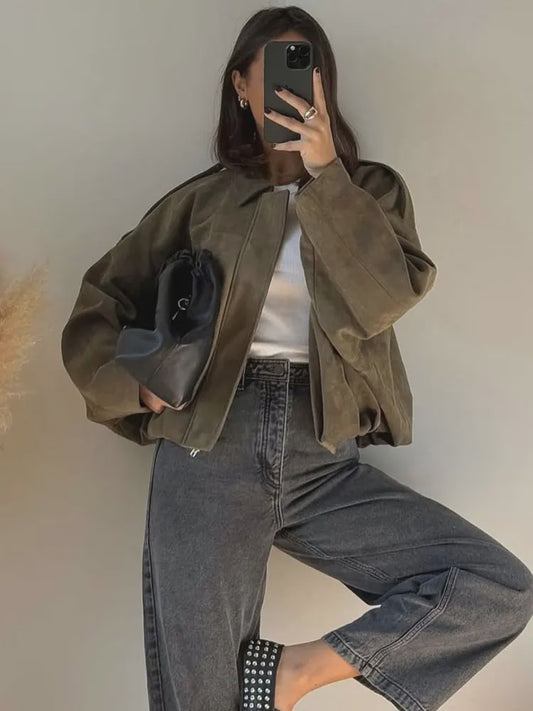 Dames Vintage Suède Bomberjack - Bruin/Groen - Loose Fit Casual Jas