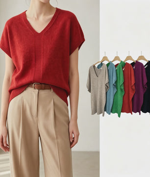 Oversized V-hals Trui Dames - Korte Mouw Gebreid Top