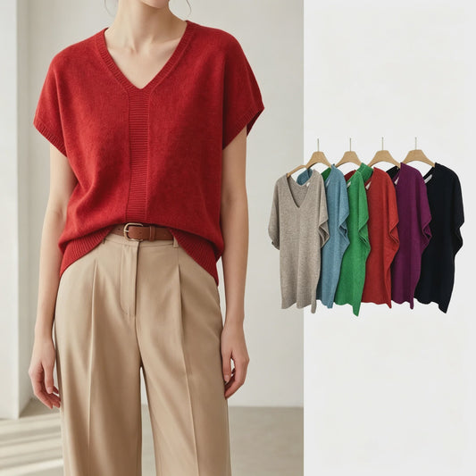 Oversized V-hals Trui Dames - Korte Mouw Gebreid Top