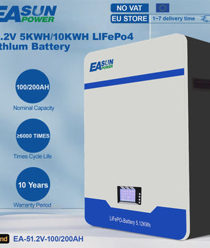 EASUN 51.2V LiFePO4 Energieopslag Batterij 100Ah/200Ah - Wandmontage, 5kWh/10kWh