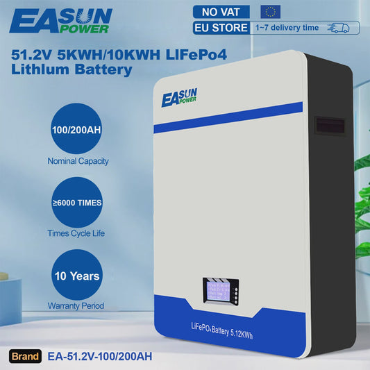 EASUN 51.2V LiFePO4 Energieopslag Batterij 100Ah/200Ah - Wandmontage, 5kWh/10kWh