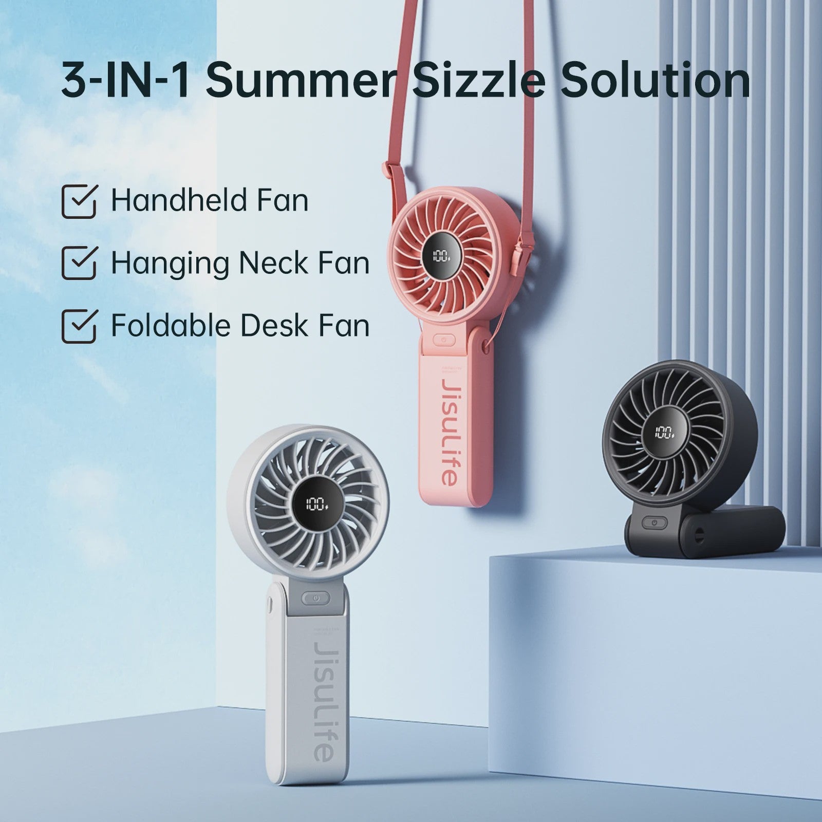 JISULIFE Draagbare Handventilator met LED Display, 5 Snelheden, 5000mAh, 150° Opvouwbaar, 3-in-1 Multifunctioneel