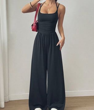 Dames Jumpsuit met Wijde Pijpen en Plissédetaillering - Casual Zomer & Lente