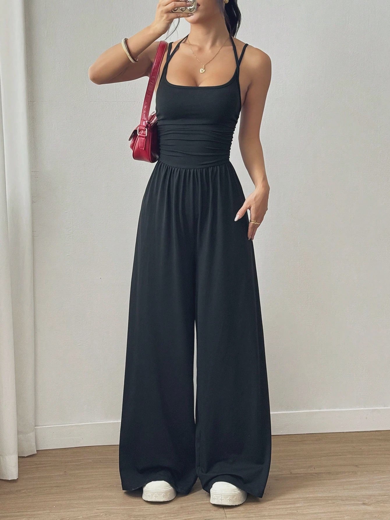 Dames Jumpsuit met Wijde Pijpen en Plissédetaillering - Casual Zomer & Lente