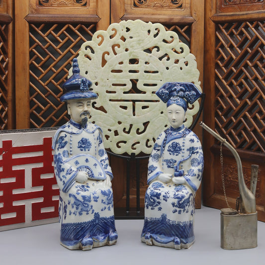 Set Keramische Beelden Chinese Keizer en Keizerin - Qing Dynastie Decoratie