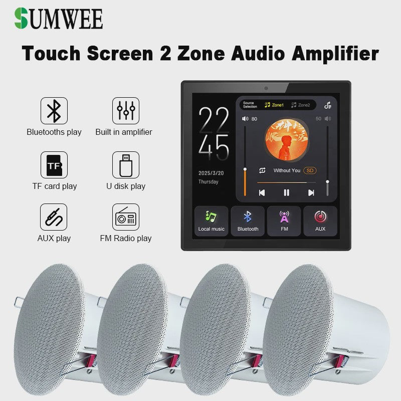 Slimme 2-Zone Wandversterker met Touchscreen: Bluetooth, AUX, TF & FM voor Thuisbioscoop