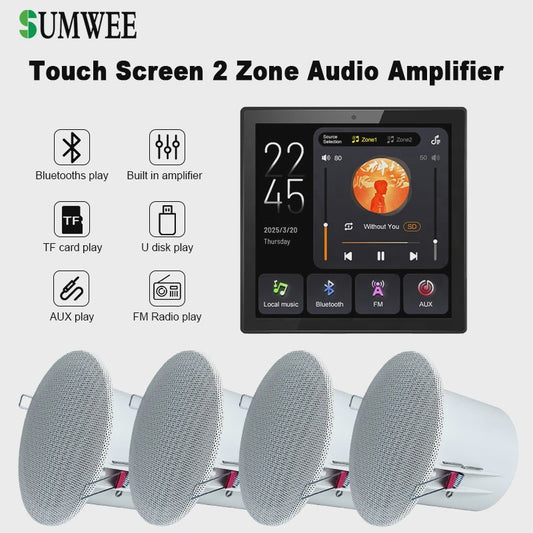 Slimme 2-Zone Wandversterker met Touchscreen: Bluetooth, AUX, TF & FM voor Thuisbioscoop