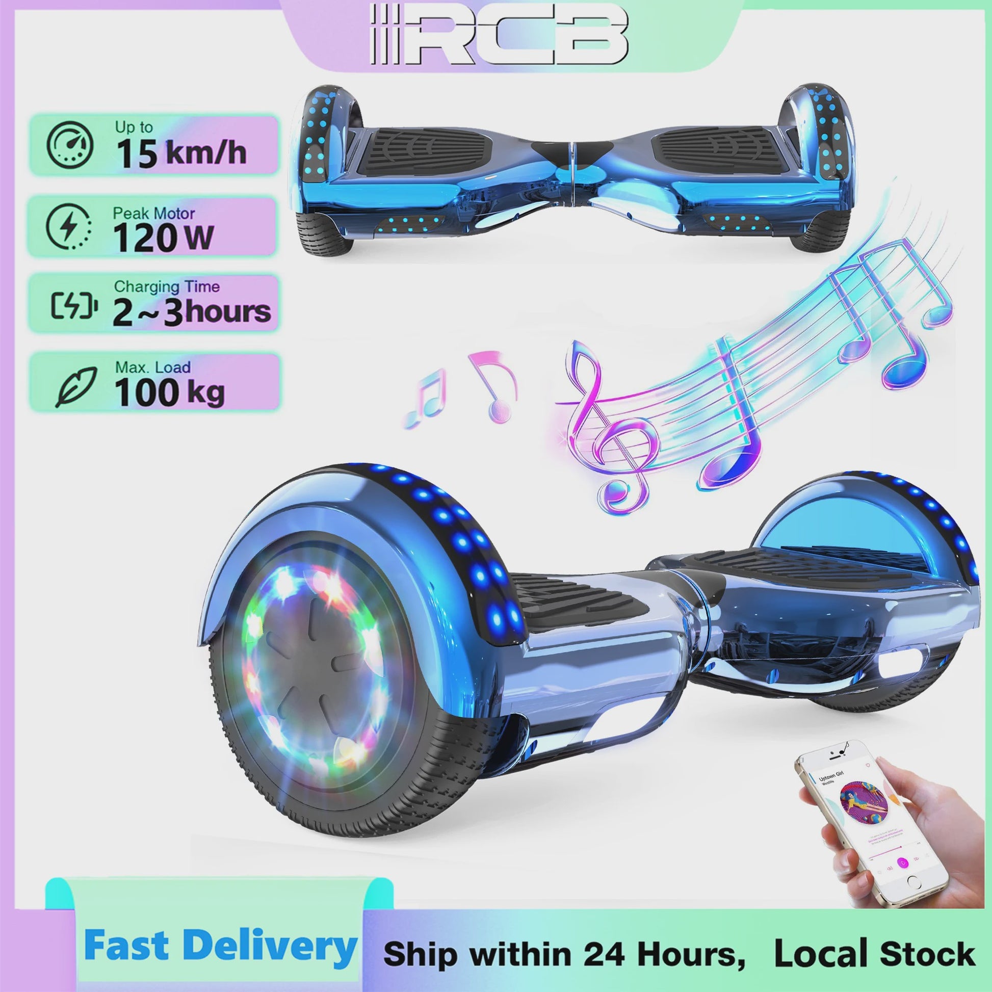 RCB Hoverboard 6.5 Inch Zelfbalancerend Elektrisch voor Kinderen & Volwassenen met Bluetooth en LED Verlichting