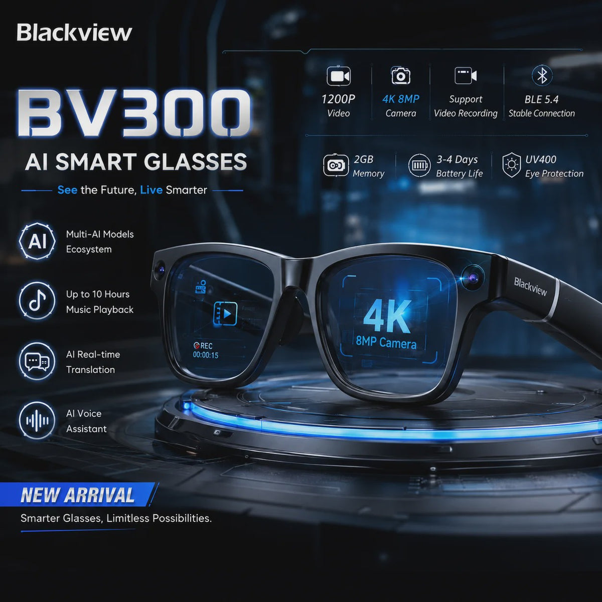 Blackview BV300 AI Smart Bril: 4K Video, 8MP Camera, Vertaling & Bellen