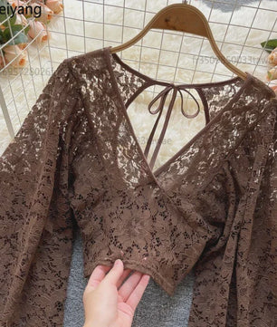 Elegante Dames Blouse met Kant en Lantaarnmouwen - V-hals & Backless