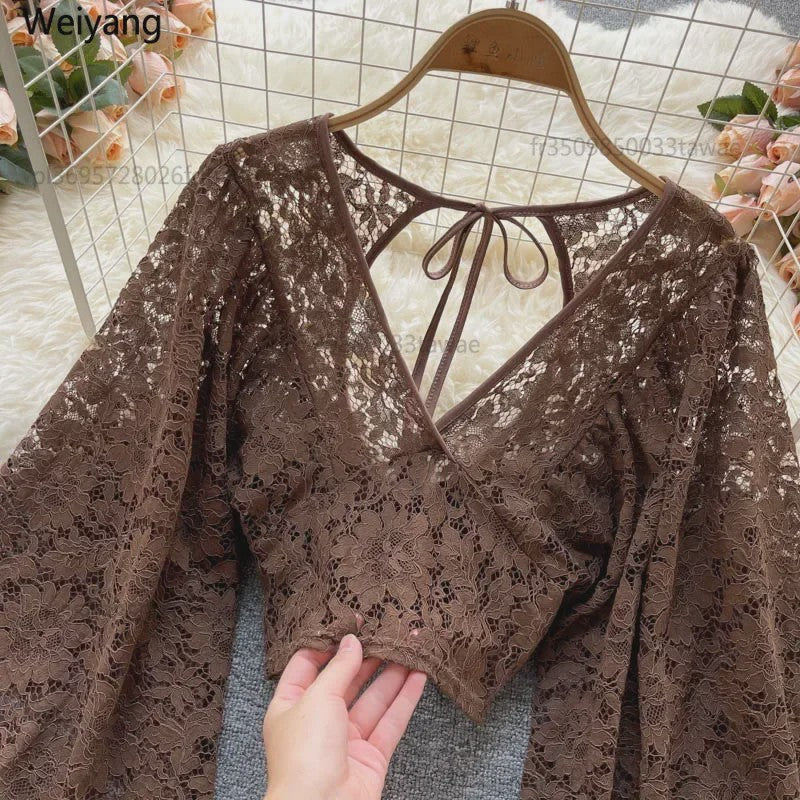 Elegante Dames Blouse met Kant en Lantaarnmouwen - V-hals & Backless