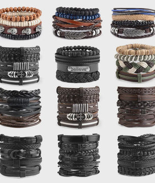 Heren Leren Armbanden Set - Viking, Gothic & Punk Stijl - Multilayer Vintage