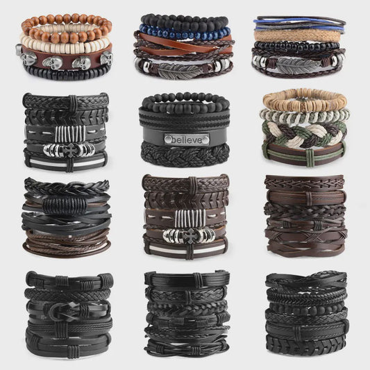 Heren Leren Armbanden Set - Viking, Gothic & Punk Stijl - Multilayer Vintage