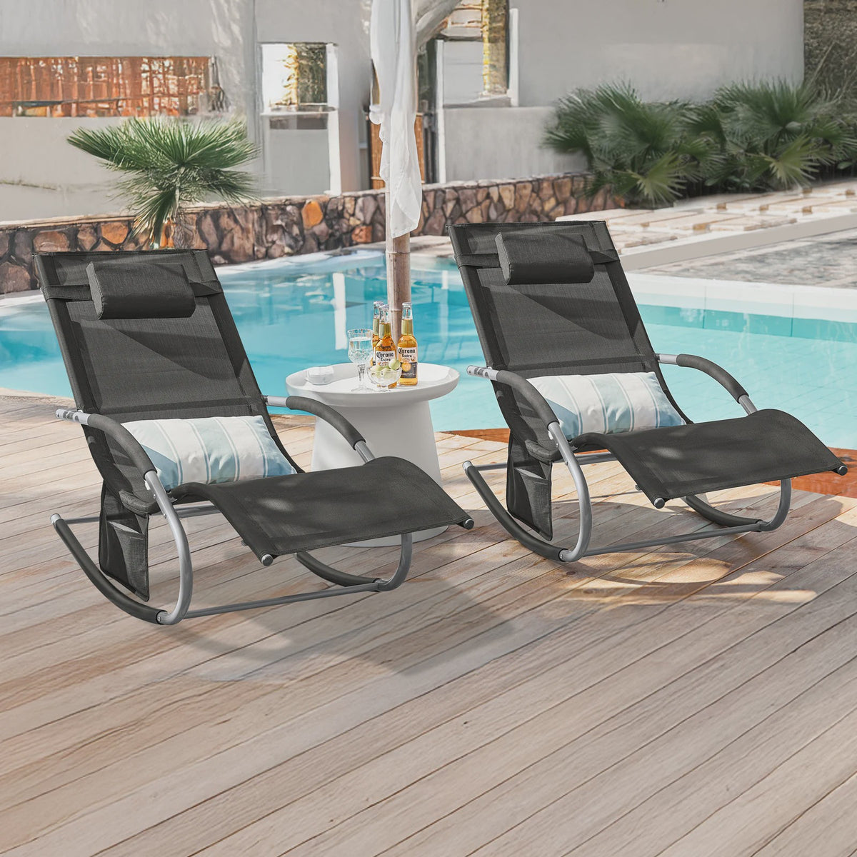 Set van 2 Loungestoelen - Verstelbare Ligstoelen met Kussen voor Tuin, Terras & Strand