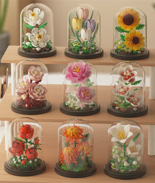 Bloemen Boeket Bonsai Bouwstenen Set - Decoratieve Miniatuur Plant in Glazen Koepel