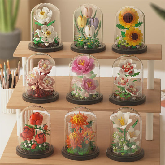 Bloemen Boeket Bonsai Bouwstenen Set - Decoratieve Miniatuur Plant in Glazen Koepel