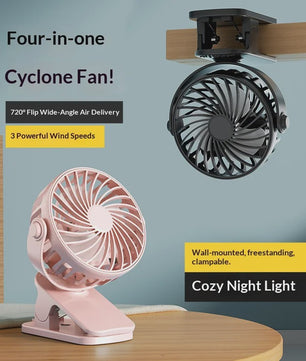Draagbare Oplaadbare Clip Ventilator met Nachtlampje - 720° Draaibaar & Stille Werking