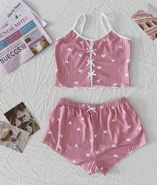 Dames Pyjama Set Hartjes Print - Cropped Cami Top met Strik & Elastische Shorts