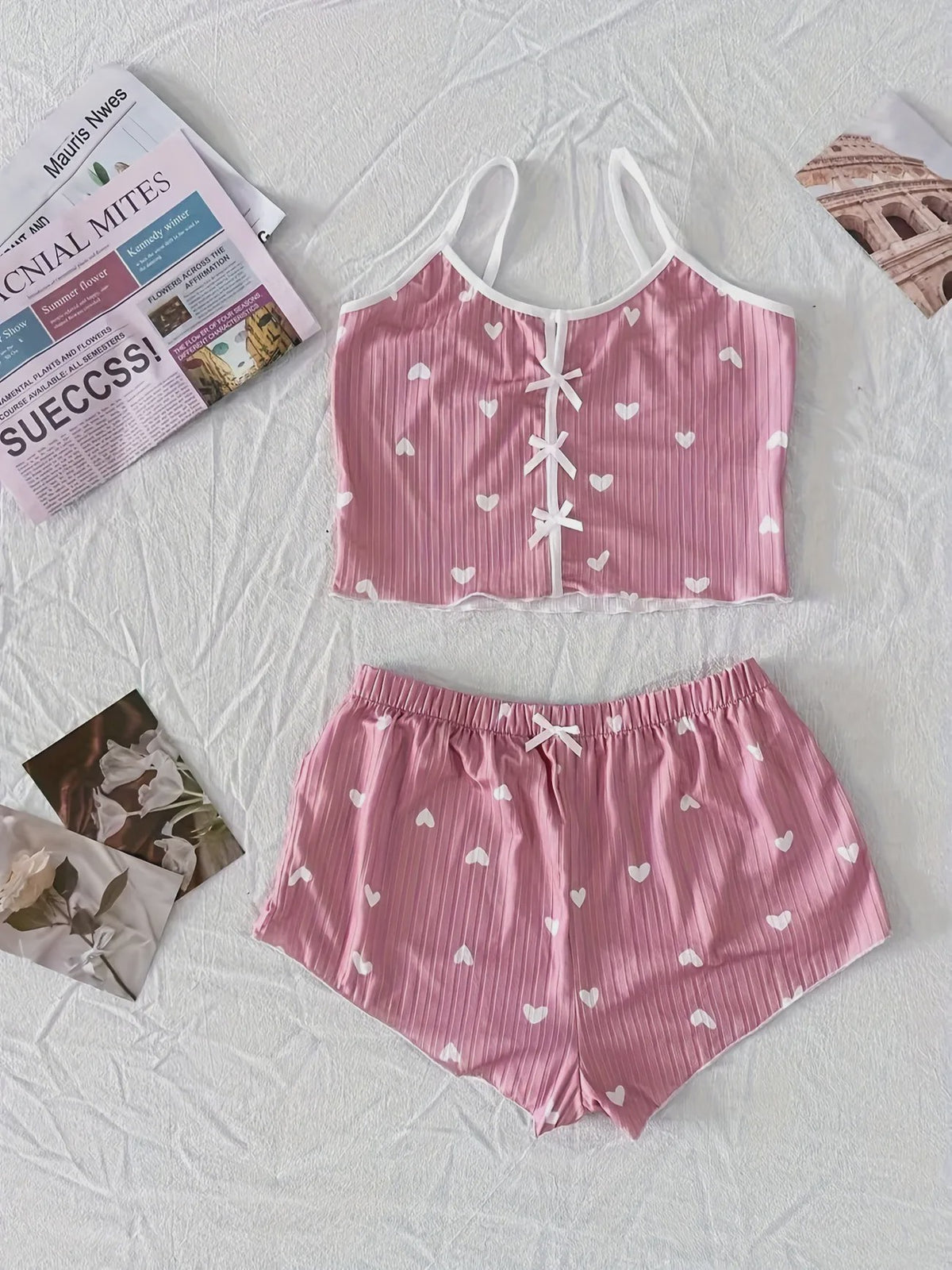 Dames Pyjama Set Hartjes Print - Cropped Cami Top met Strik & Elastische Shorts