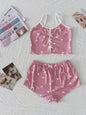 Dames Pyjama Set Hartjes Print - Cropped Cami Top met Strik & Elastische Shorts