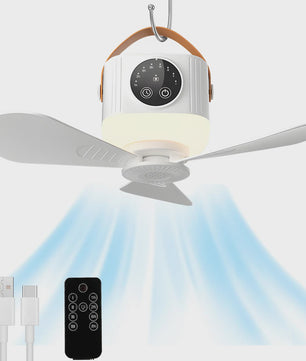Oplaadbare Hangende Ventilator met 3600mAh Batterij, 4 Snelheden & 3 Lichtstanden - Draagbaar voor Camping & Reizen